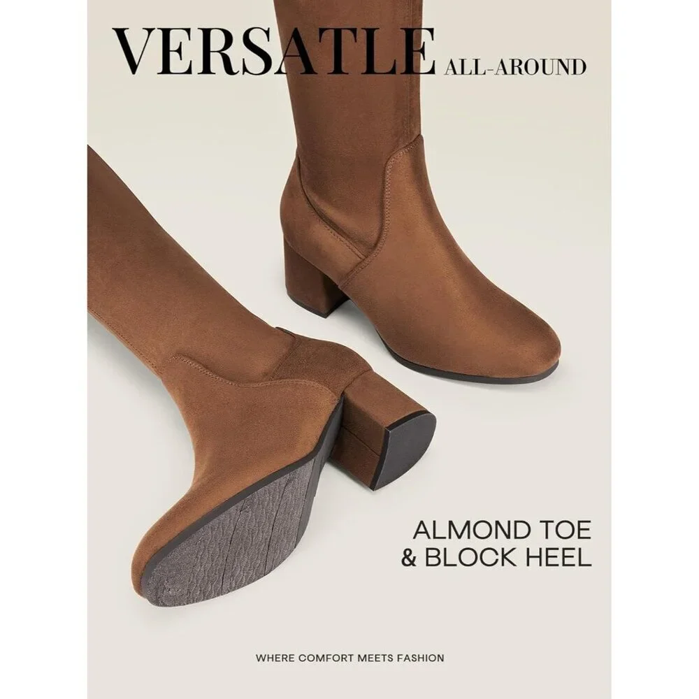 Women's Brown Suede Over The Knee Thigh High Chunky Heel Long Stretch Boots